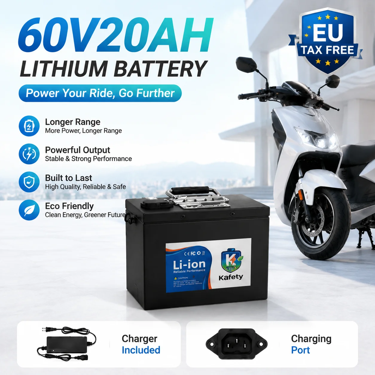 Langstrecken-Lithium-Batteriepack 60V 18650 20AH, eingebauter BMS-Schutz, für 500-3000W Elektroroller- und E-Bike-Motoren, Ladegerät enthalten.
