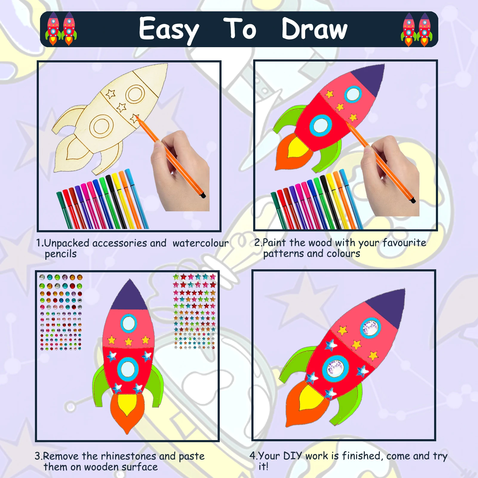 로켓 나무 수공예품 세트 240개, 나무 수공예품, 수공예품 세트, 생일 파티 수공예품 세트, DIY에 적합