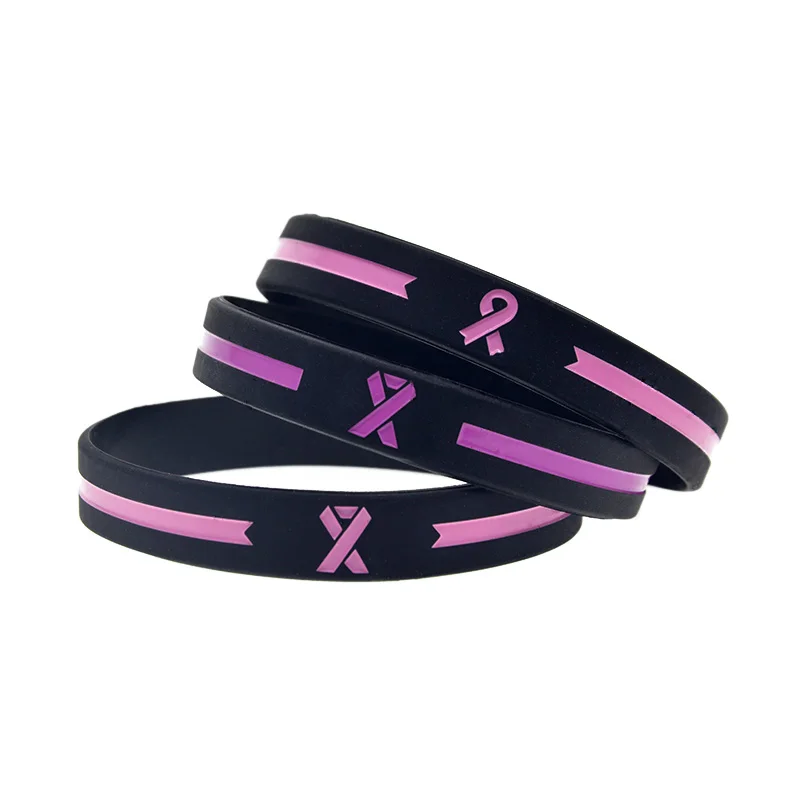 50 Pcs Pink Logo Cancer Ribbon with Line Silicone Bracelet Awareness Wristband Inspirational Bangle