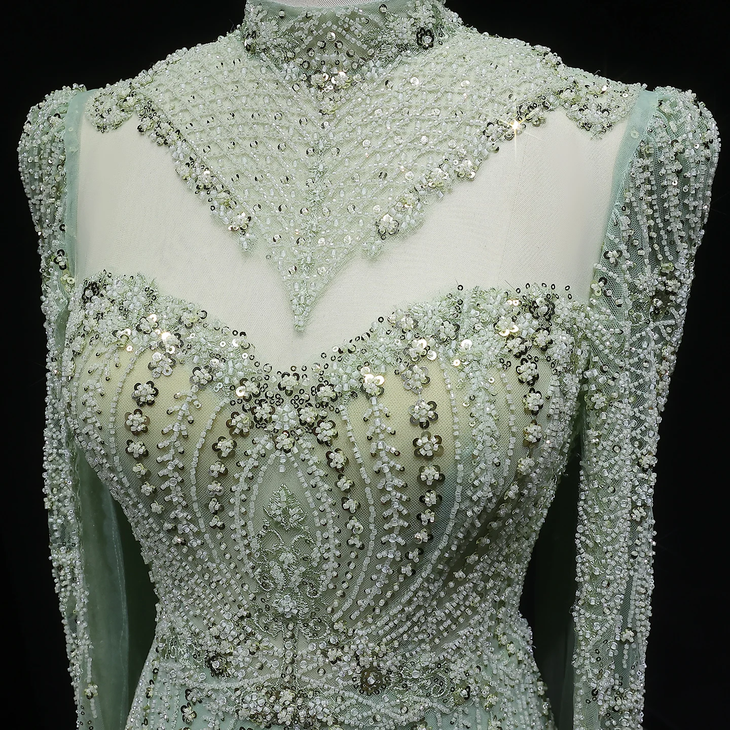 Sharon Said Elegantes Blaues Perlenbesetztes Abendkleid mit Cape-Ärmeln, Hochgeschlossenem Kragen, Arabisches Partykleid für Hochzeitsgäste SS079 Maßanfertigung – Detail 16
