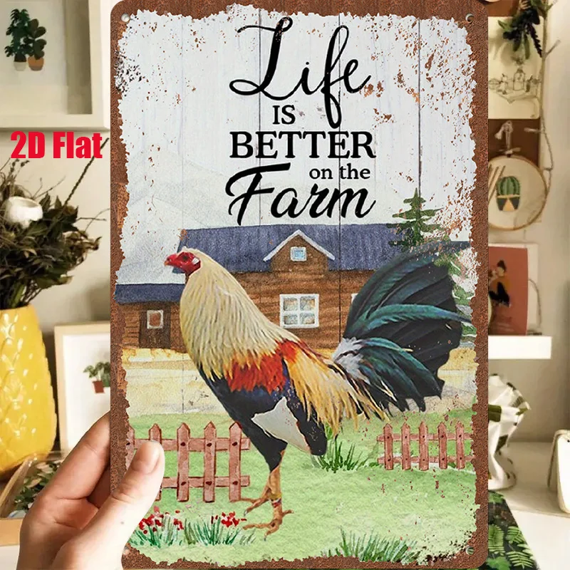 2D Flat - A 1pc 2D [Flat] Metal Sign Titled 'Life Is Better on The Farm' Measuring 8X12 Inches/20X30 Cm Features a Colorful Roos