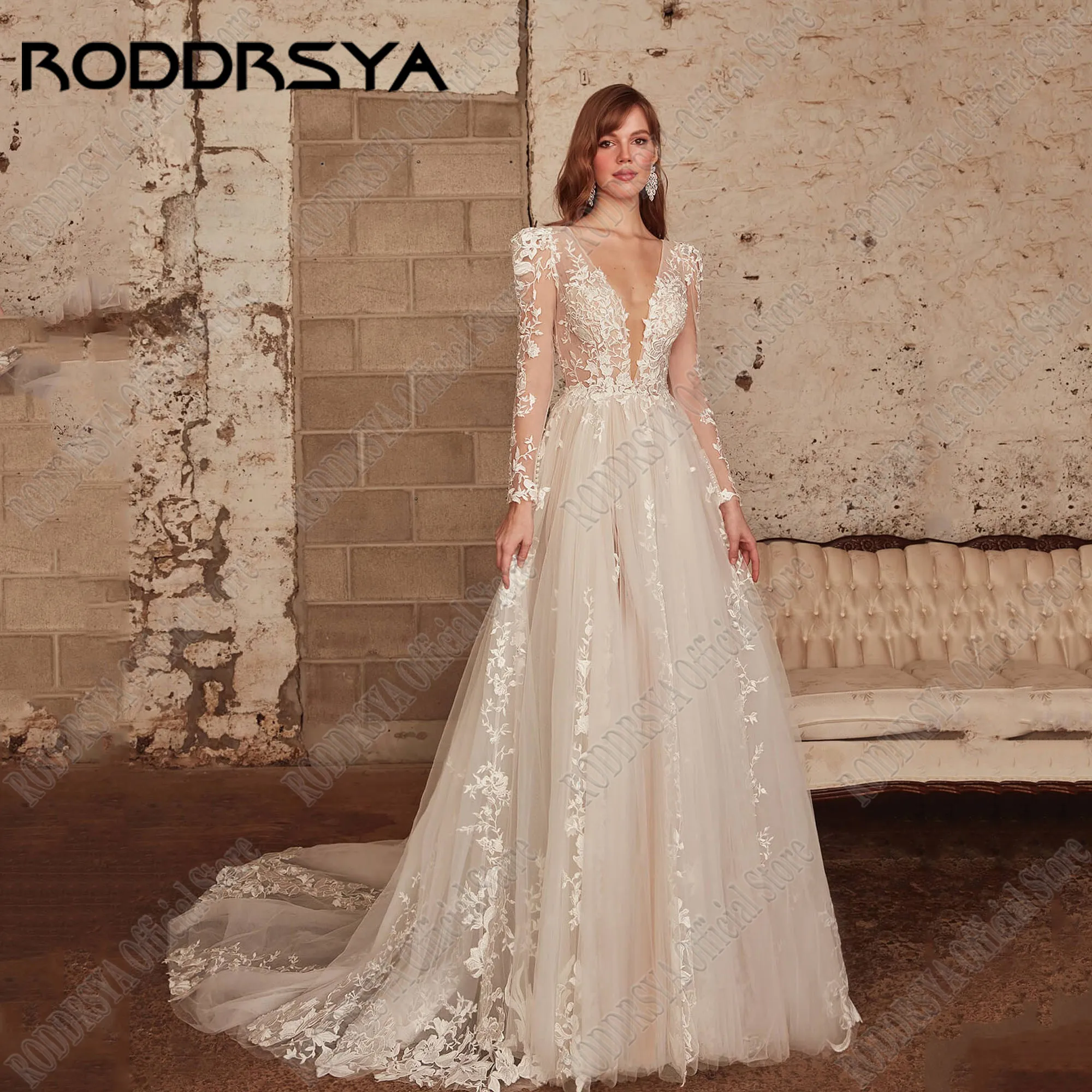 RODDRSYA Vestido De Noiva De Manga Cheia 2025 V Neck Backless Applique Lace vestidos de novia Sweep Train Tulle Noiva Vestidos PersonalizadosRODRSYA Vestido de Noiva de Manga Cheia 2025 V Neck Backless Applique Lace ve