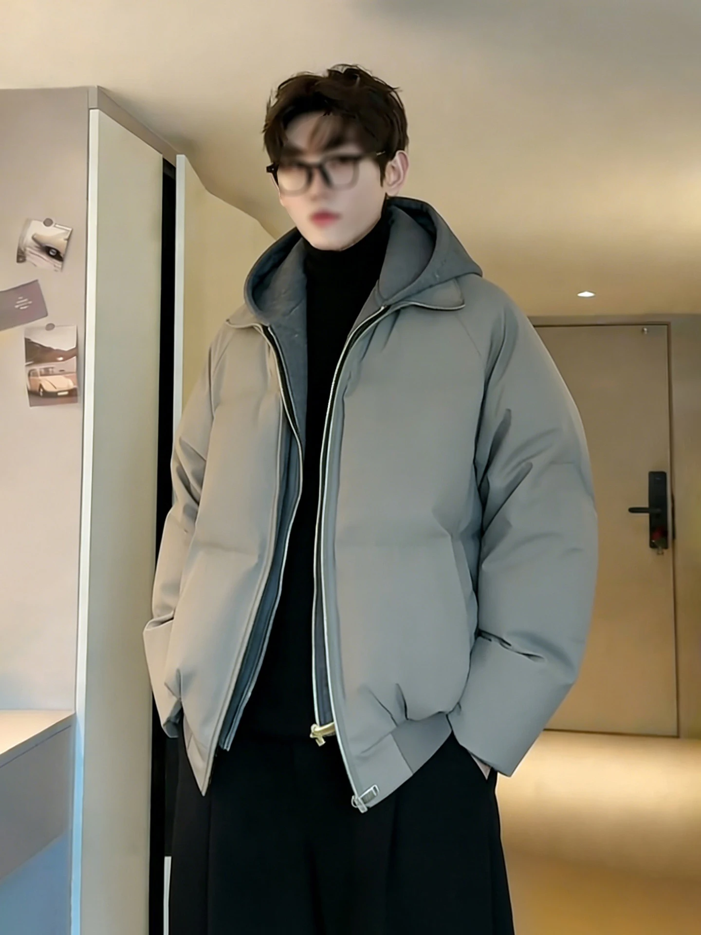 

Caramel American Sle PU Leather down Cotton Jaet Men's Winter Patchwork Fake Two-Piece Cotton Coat High-End ort Bread S...