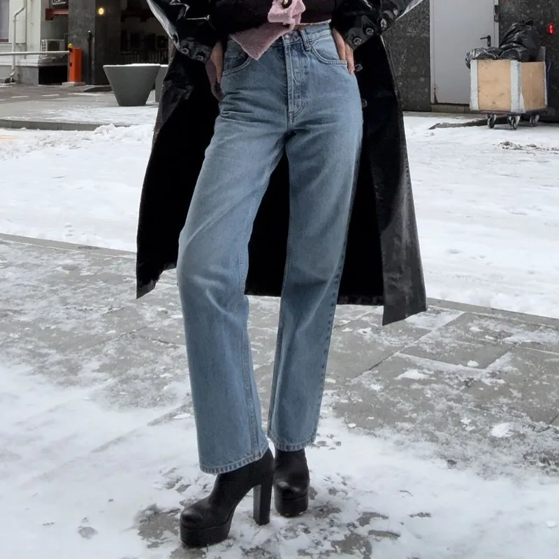 Women's High-Waisted Straight-Leg Jeans: Vintage Solid-Color Cotton Ankle-Length Slim-Fit Denim Pants, Casual Trousers