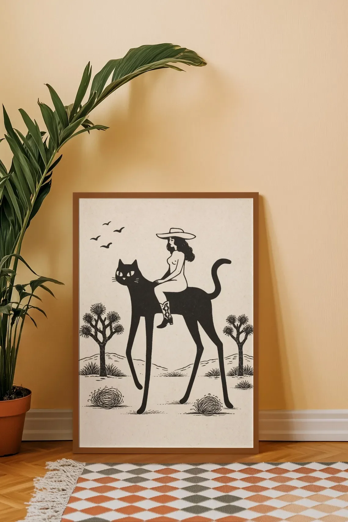 Whimsical Desert Cowgirl Cat Wall Art - Retro Print Celebrating Feline Adventure. The Warm Beige Backdrop and Bold Black Silhoue view 2