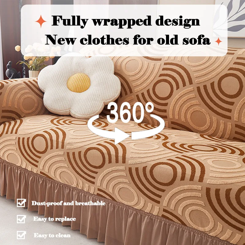 Stretch Sofa Slipcover with Wave Skirt Full Cover Non Slip Durable Washable Pet Friendly Furniture Protector for Living Room