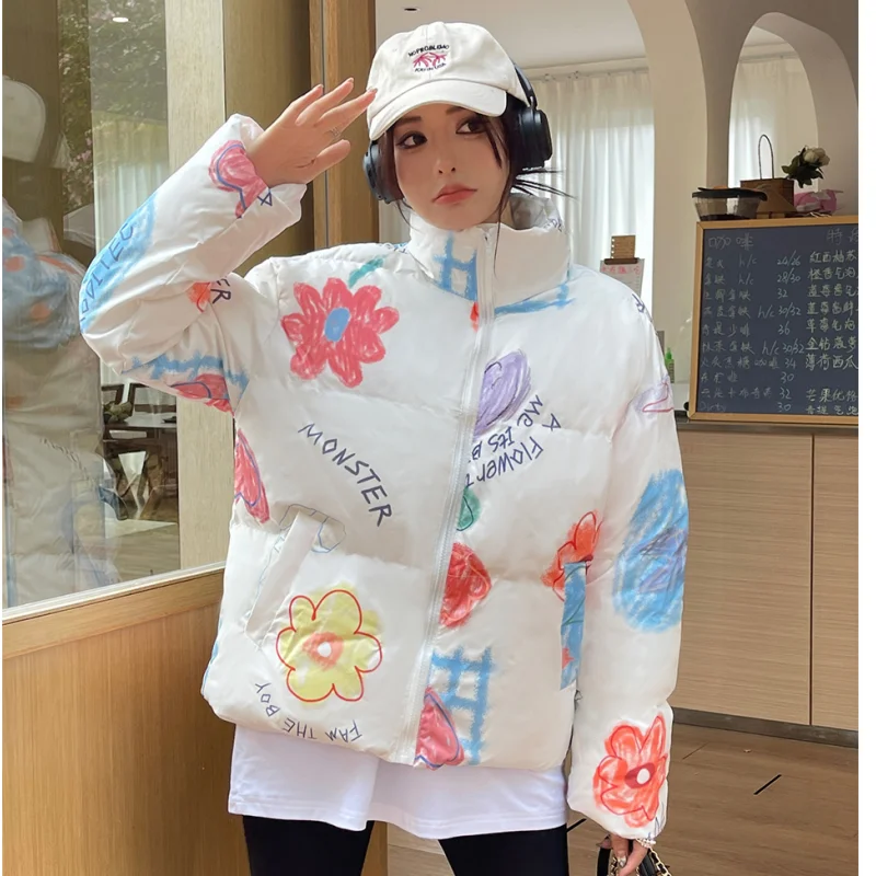 Women\'s Down Puffer Jackets White Winter Korean Fashion Y2K Style Stand Collar Chic Warm Printing Female Coat Cotton Outwear