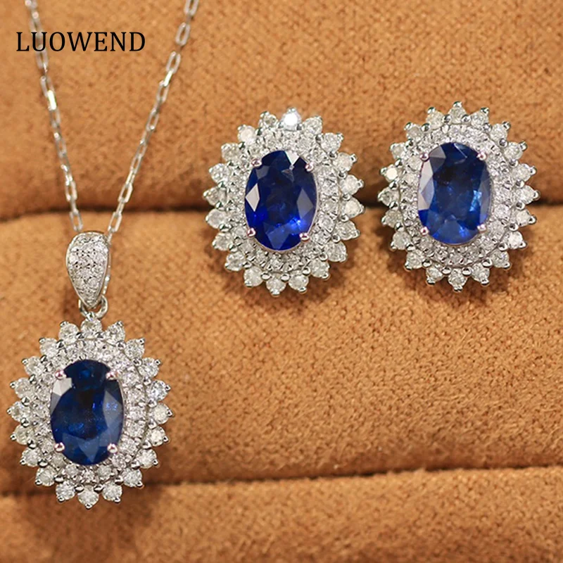 

LUOWEND 18K White Gold Earrings Ring and Necklace Real Natural Sapphire and Diamond Classics Party Jewelry Women Wedding