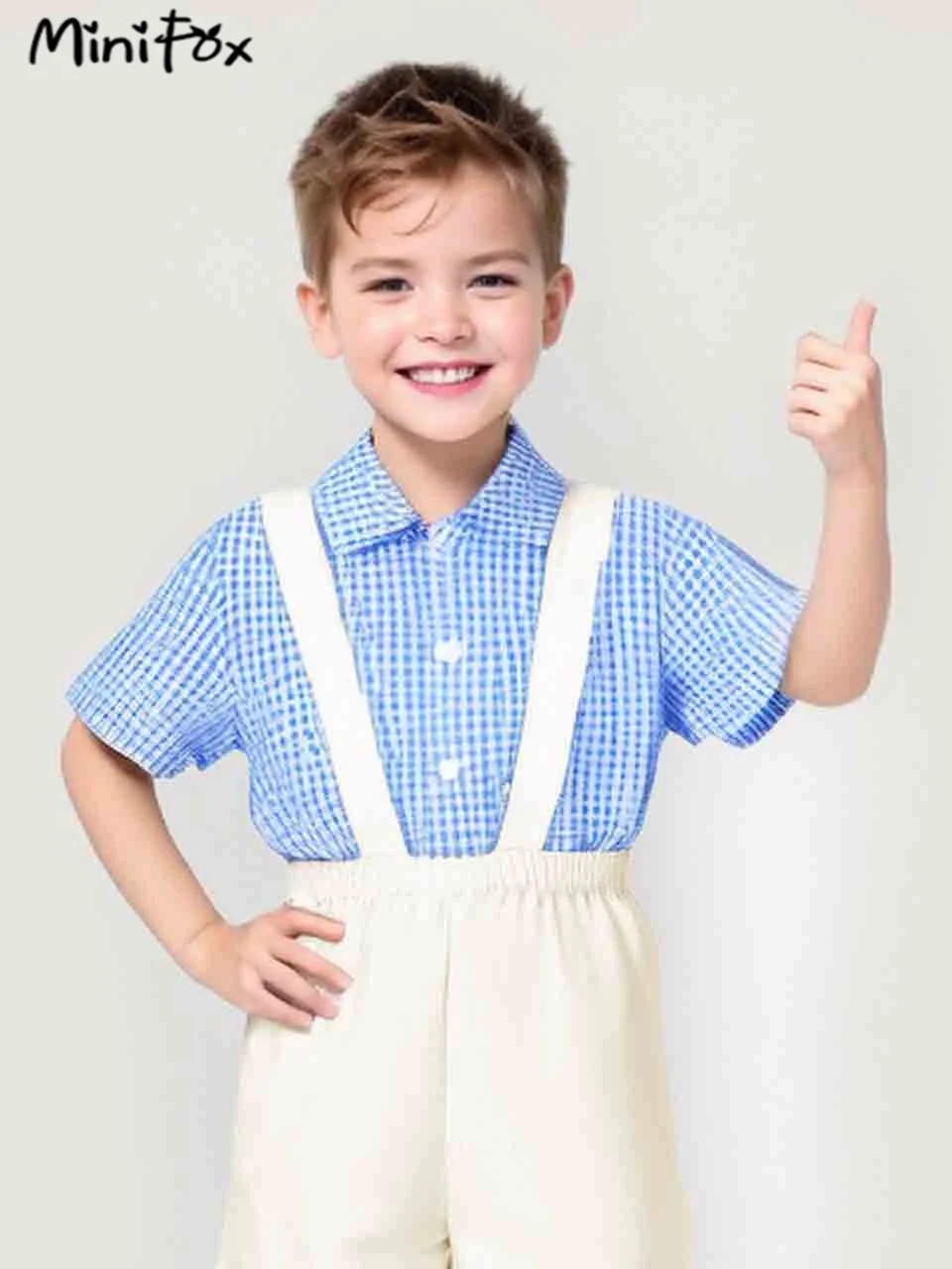 MiniFox Brother and Sister Matching Outfits Bowknot Blue Girl Dresses Boys Shirt and Suspender Shorts Sets For Boys Clothes