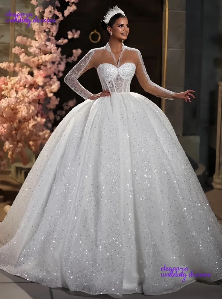 Customized Wedding Dress Organza With Embroidery Bead Ballgown High-Neck Fullsleeve Bridedress Button Vestidos De Novia 2025