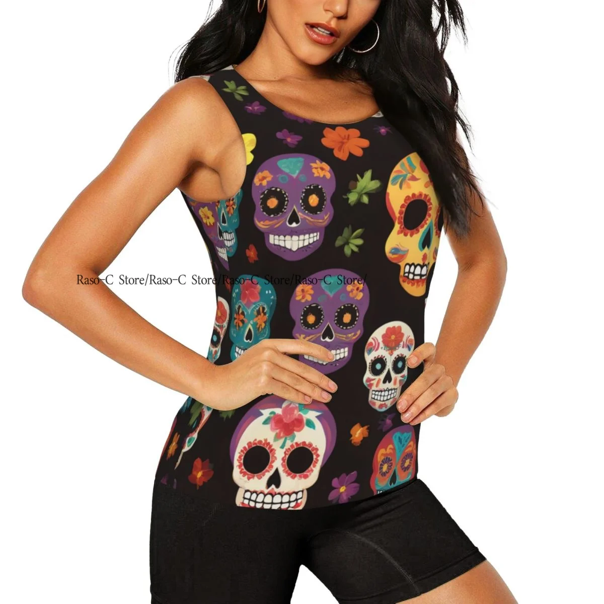 Women's Workout Tank Tops Quick Dry Sleeveless Athletic Shirts Colorful Dia De Los Muertos Sugar Skull Pattern Gym Yoga Tops