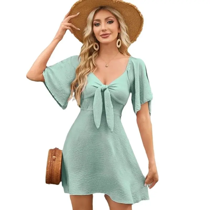 

2024 Spring Summer Womens Dresses Deep V Neck Elegant Bow Tie Short Sleeve Elegant Mini Dress S-XL