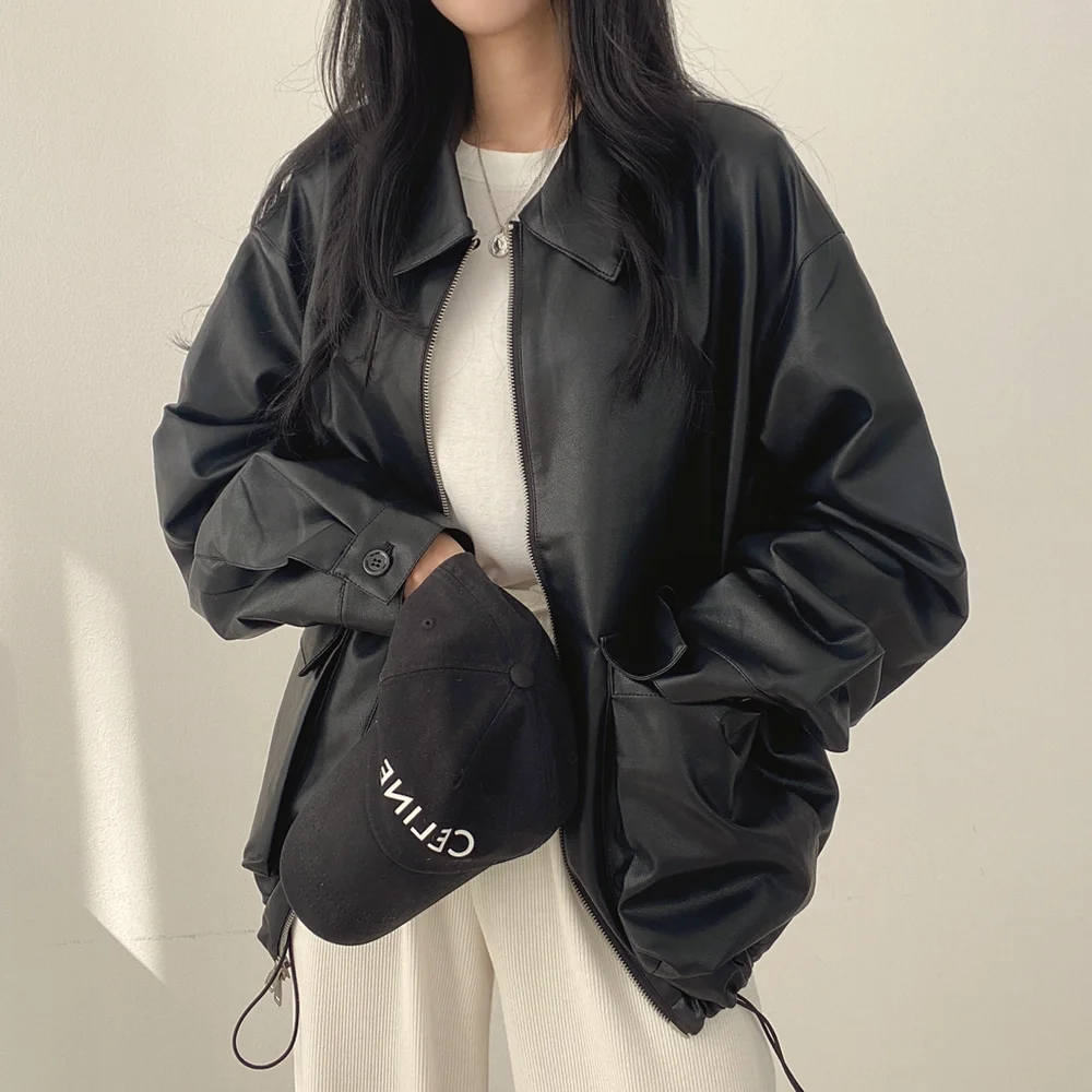 Giacca in pelle da donna vintage autunnale con risvolto, tasche grandi, cardigan aperto con cerniera, vestibilità ampia, casual, a maniche lunghe, cappotto corto