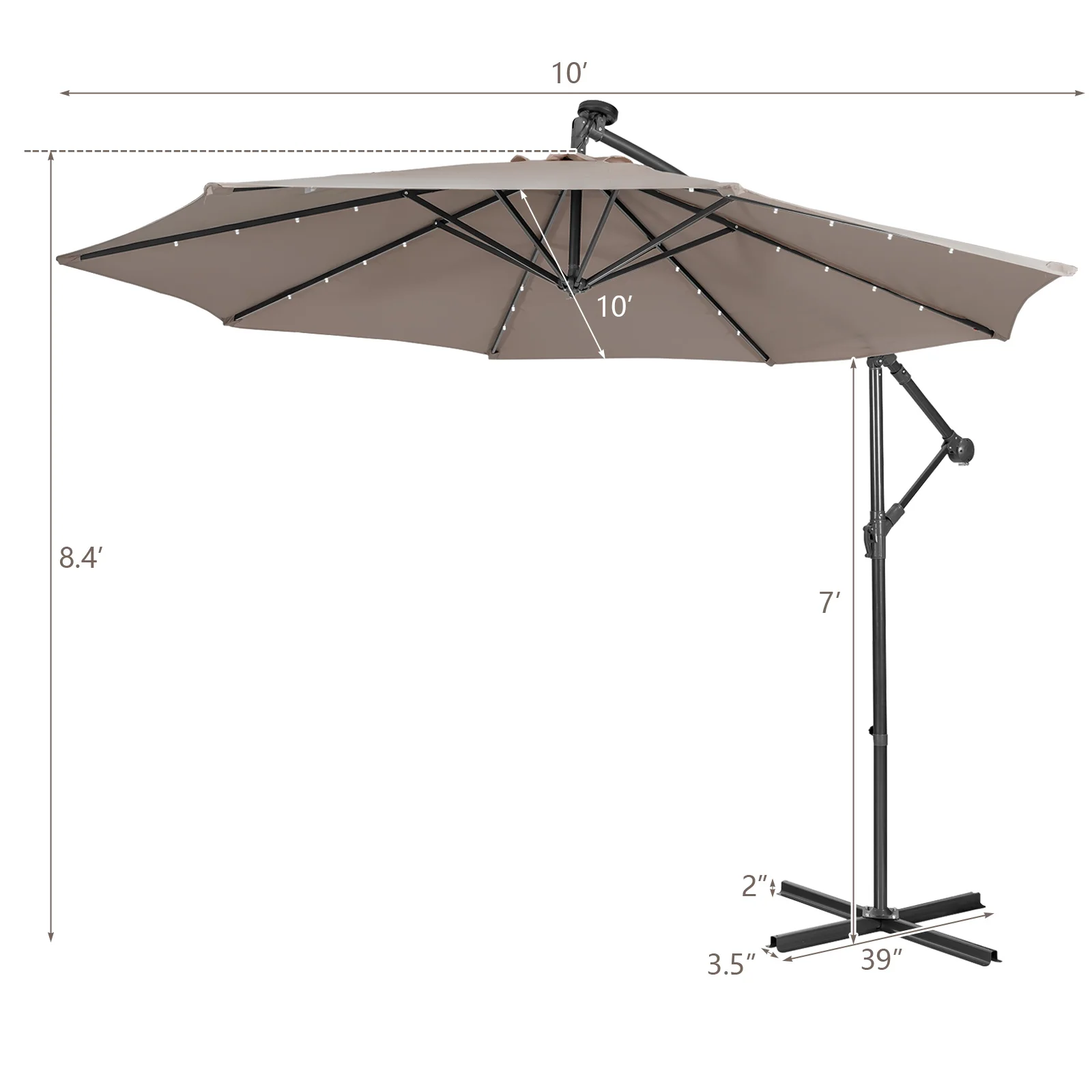 10FT Cantilever Solar Powered 32LED Lighted Patio Offset Umbrella Outdoor Coffee