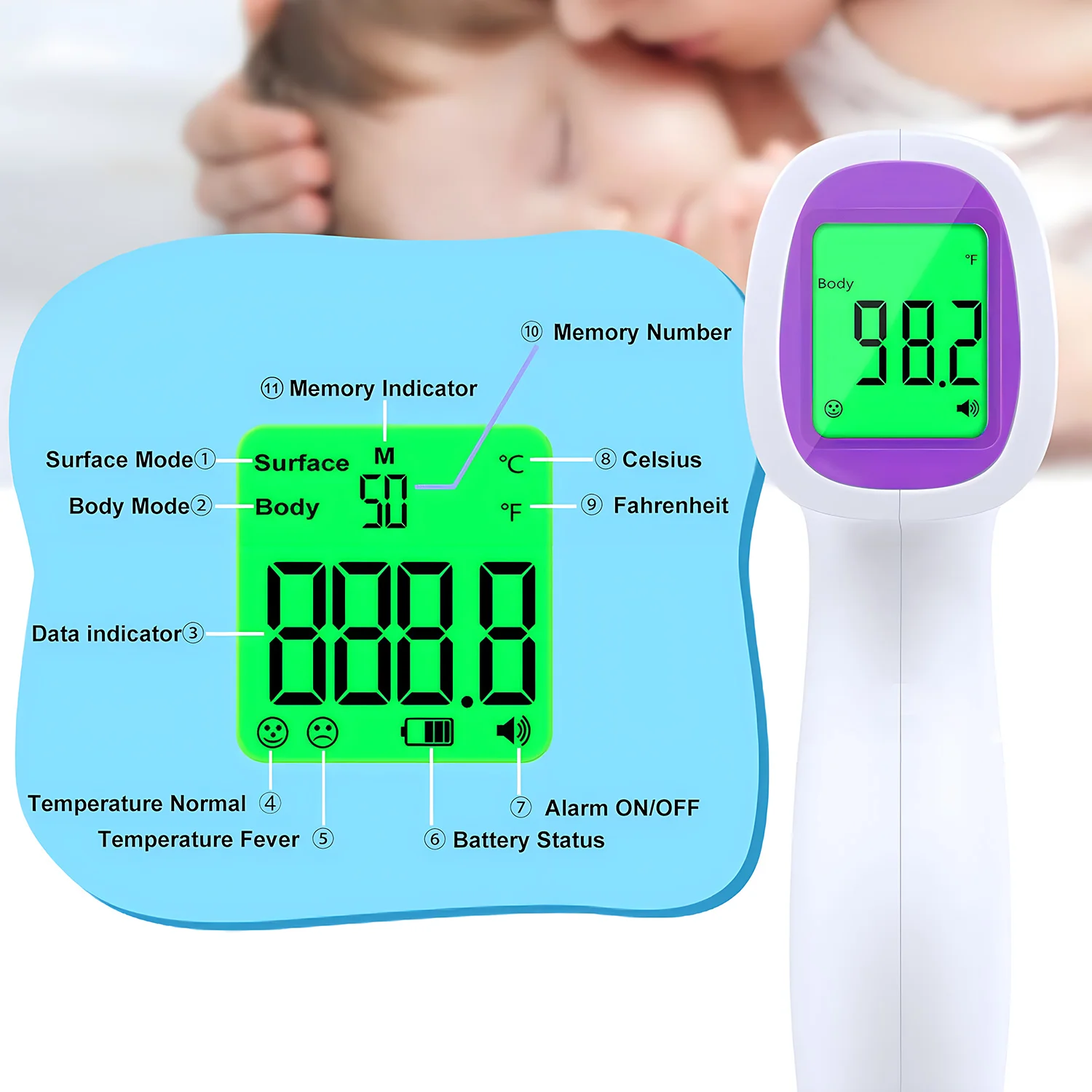 Non Contacted Thermometer for Baby Kid Digital 3 Color Backlight Forehead Thermometer Fever Safety Health Measurement Tool