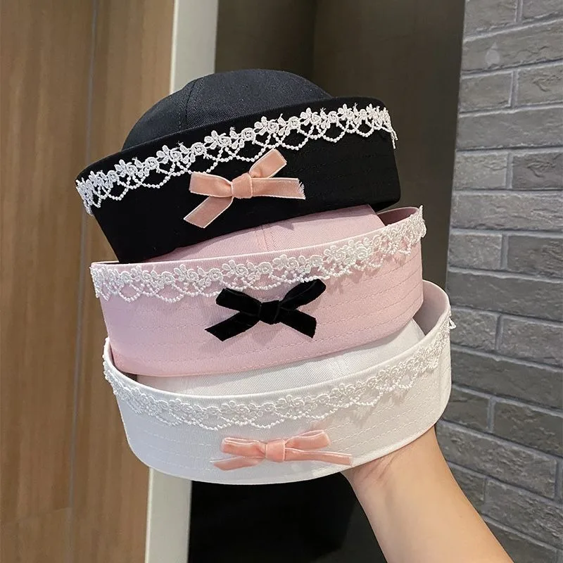 Japanese Version Ins Bow Embroidery JK Beret Women Solid Color Flipped Brim Sweet Dome Sailor Navy Hat 2024 Autum Winter