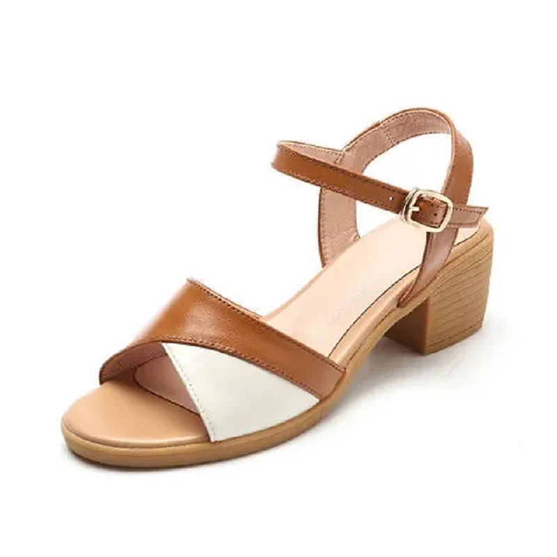 Women Casual Beige High Quality Peep Toe Comfort Buckle Strap Square Heel Sandals Lady Cool Spring Summer Shoes Sandalias E59b