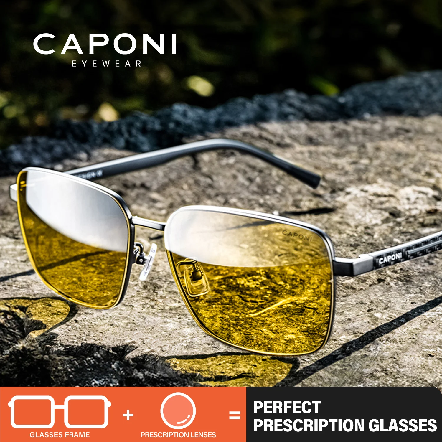 CAPONI Prescription Night Vision Sunglasses Men Outdoor Photochromic Gray Shades Driving UV400 Brand Designer Sunglasses PJ24704