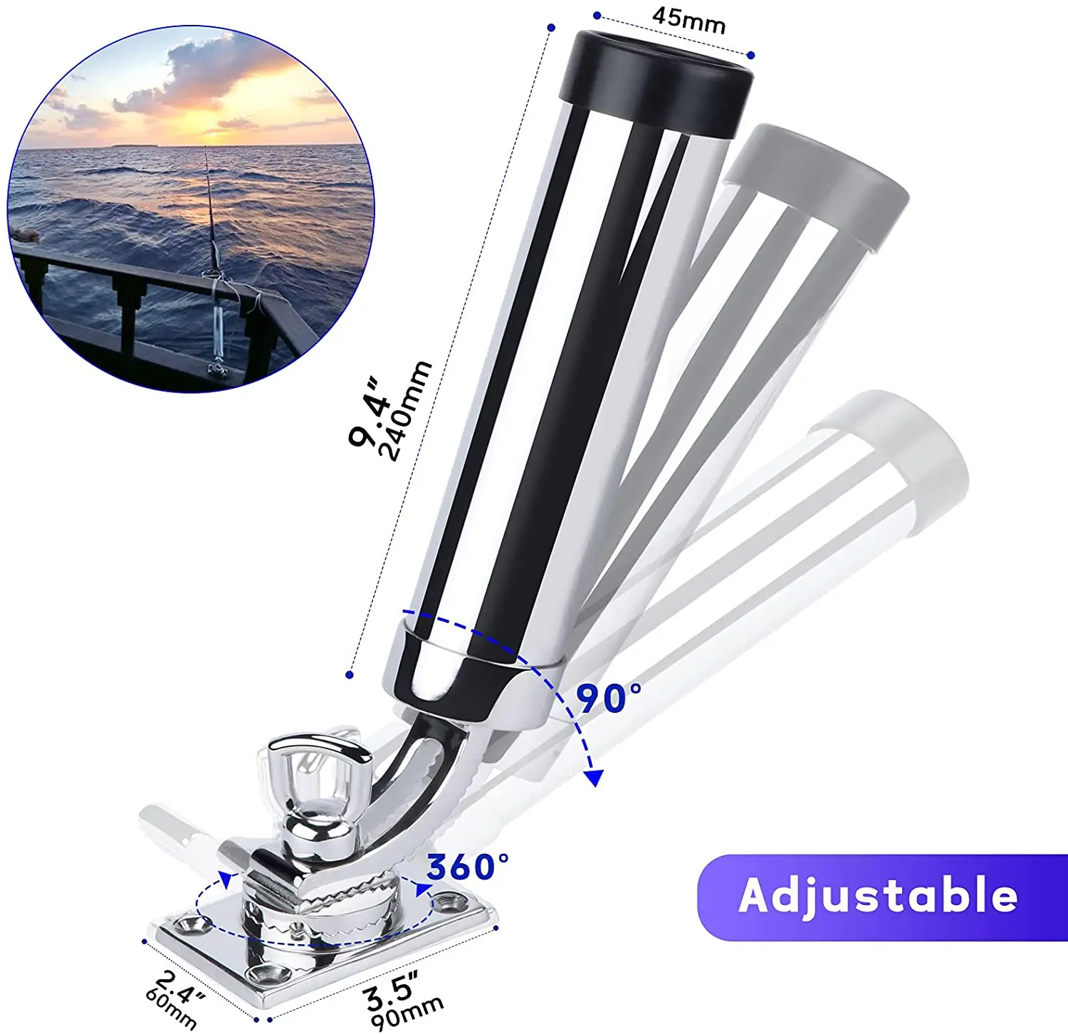 Fishing Rod Holder Stainless Steel Deck Mount Adjustable Yacht Fishing Rod Tube Support of Marine Boat  Accessories