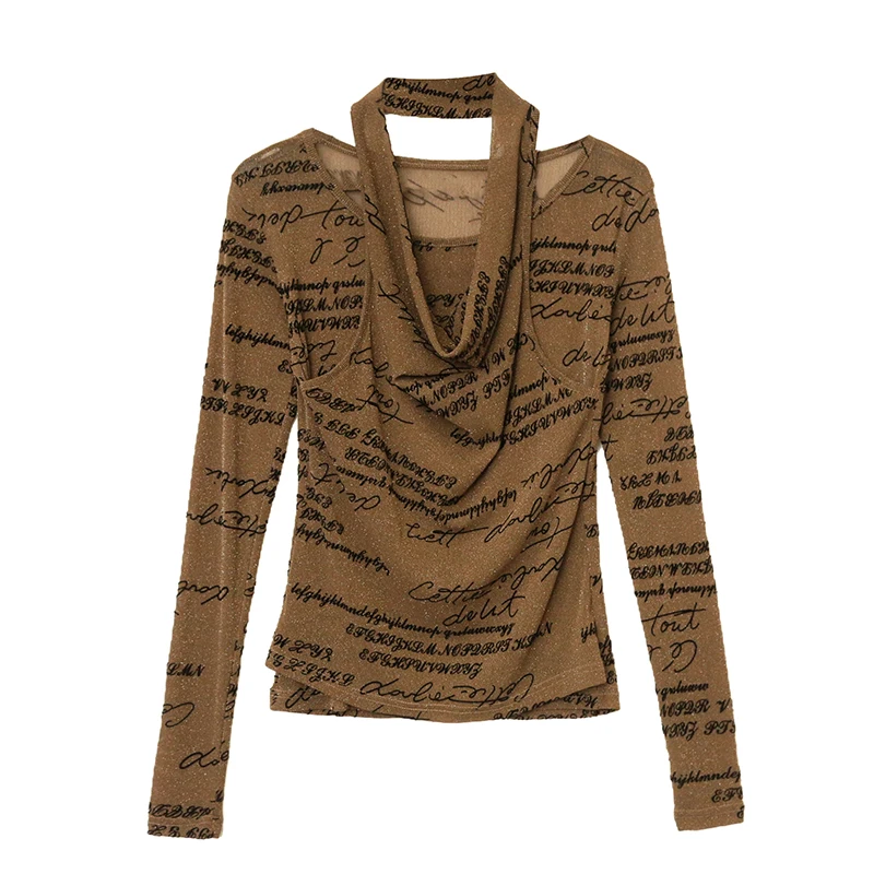 

2025, новинка, европейская, одежда, футболка, модная, сексуальная, Halter, принт, буква, сетка, женские, топы, рубашка с длинным рукавом, тонкие, футболки, 510031