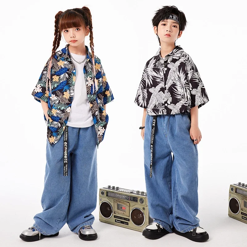 

Kids Hip-Hop Performance Clothes Short Sleeve Print Shirt Denim Pants Boys Street Dance Costume Girls Group Jazz Stage Outfits