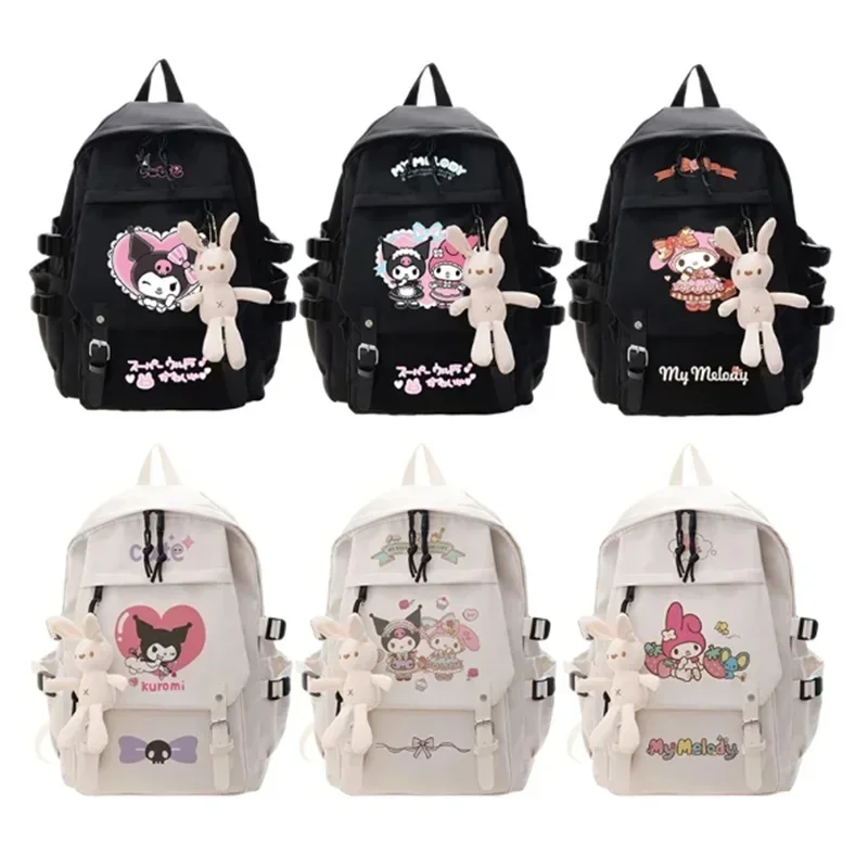 Anime Sanrioed Nylon Waterproof Backpack shoulder bag Melody Kuromi Cartoon Doll Pendant Cute School Bag Birthday Christmas Gift