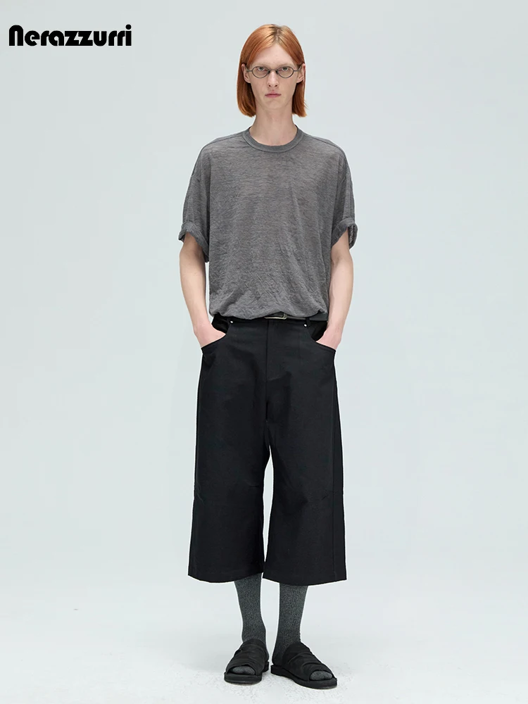Nerazzurri Summer Autumn Brown Black Straight Shorts for Men High Waist Knee Length Pants Trousers Luxury Chic Menswear Clothes