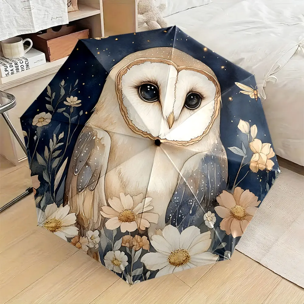 1PC Owl and Floral Art Umbrella with Dark Starry Background Print 8 Iron Ribs Folding Umbrella Auto-Open Fashion Sunshade