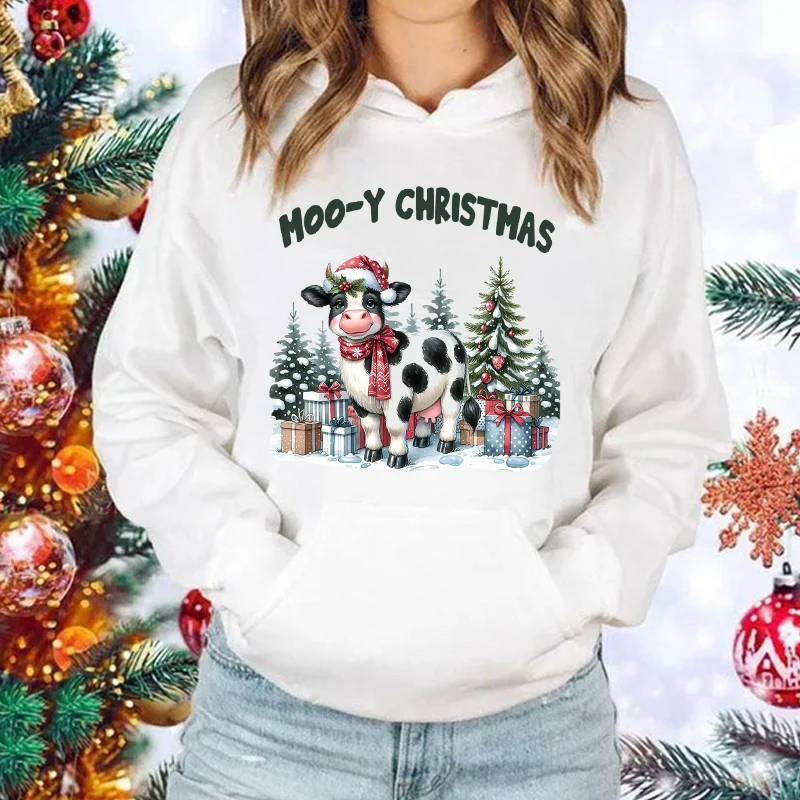 

New Christmas Moo Cows Hoodies Women Men Long Sleeve Sweatshirt Female Casual Loose Hoodies Fashion Christmas Pullovers Tops