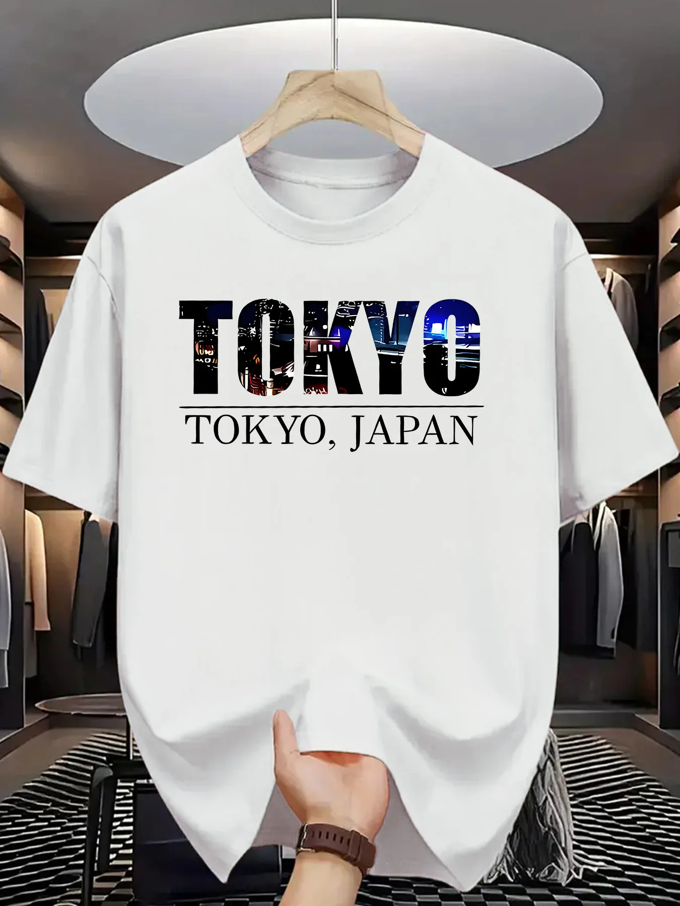 Tokyo Japan City Scene Mens Crew Neck T Shirt Night View Fill Letter Graphic Short Sleeve Tee Urban Casual Male Street Tops