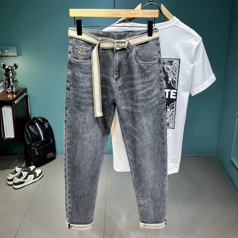 2024 Spring and Summer Thin Jeans Men's Street Fashion Slim Fit Elastic Trend Versatile Youth Cropped Pants