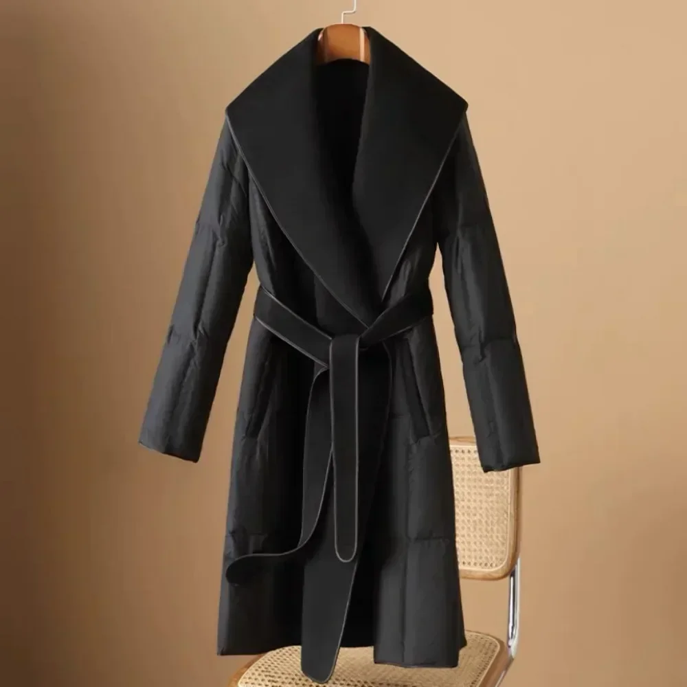 2024 New Fashion Winter Luxury Women Long Duck Down JacketWoolen Collar Coat Warm Slim Belt Thick Down Overcoat Female