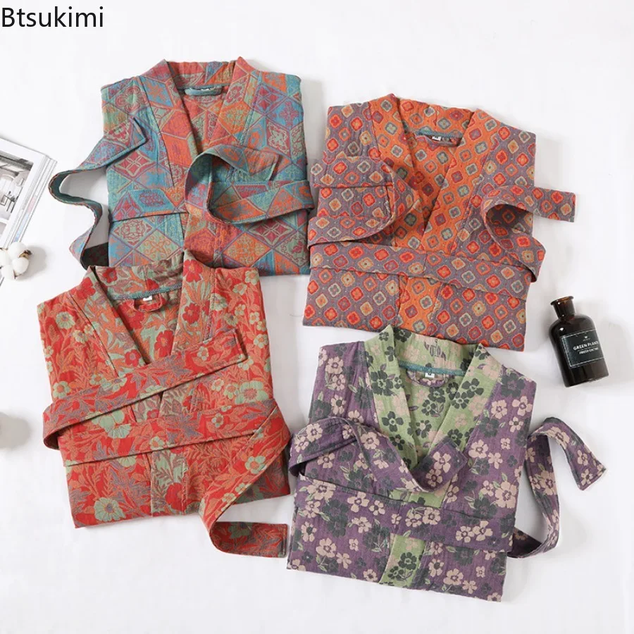 Spring / Summer Pure Cotton Double Layer Gauze Bathrobe Thin Dyed Fabric Home Clothing Couples Japanese Style Kimono Robe Pajama