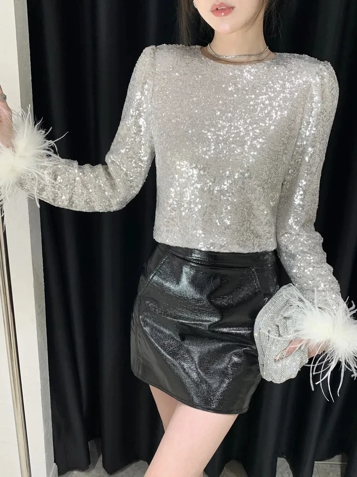 2024 Spring Luxury Women Bling Sequined Feathers Long Sleeve T-Shirt Female Chic Tops Tee