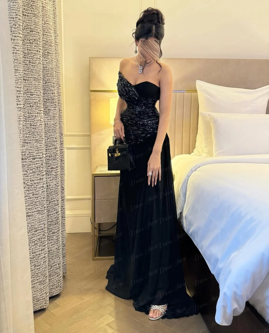 فساتين سهرة بحورية البحر مخصصة من Ranmo بطول الأرض بدون أكتاف بدون أكمام فستان حفلات أنيق مطرز بالترتر وثنيات بدون ظهر