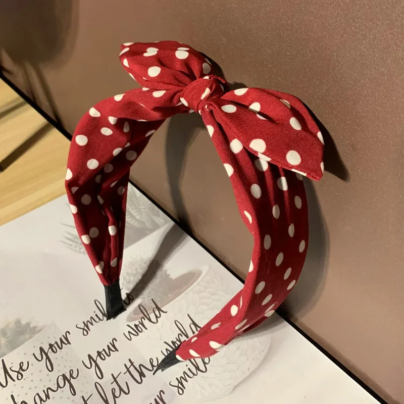 

Lovely Rabbit Ear Knotted Hairband Not Slip Adults Hair Band Wine Red Polka Dots Bow Headband for Women Hair Accessories