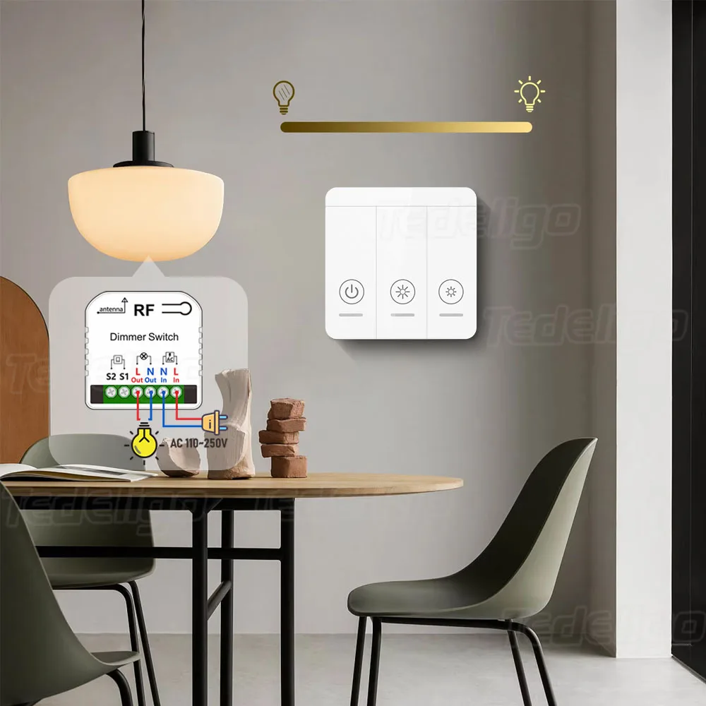 433Mhz Wireless Light Dimmer Switch AC 110V-250V Adjustable Brightness Controller Support 2 Way for LED Halogen Light Dimming