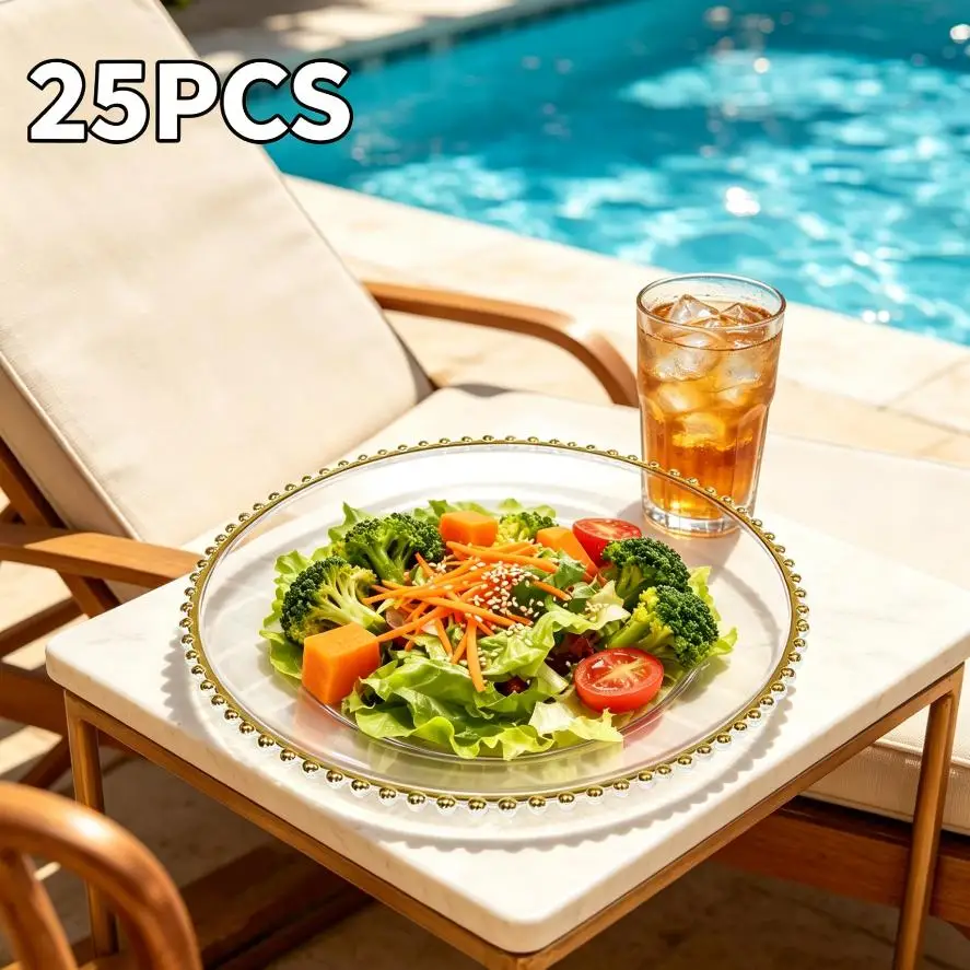 

Bymaocar 25 Pack Charger Plate 32cm Plastic Clear Gold Beaded Round Serving Charger Plates Durable Polystyrene Elegant Classic Stackable Easy Storage Party Wedding Dinner Dessert Appetizer Decorative Table Setting