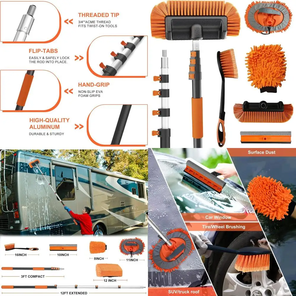 

18FT Reach Car Wash Brush with Long Handle - Car Cleaning Kit with 3-12FT Extension Pole, Wheel Brush, Microfiber Cleaning Mop,