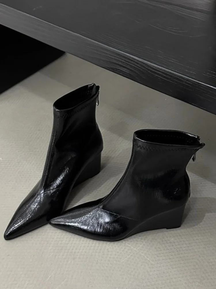 

Осенние женские ботильоны Maillard, коричневые ботильоны на танкетке с острым носком, высокий каблук с молнией сзади, облегающие короткие ботинки