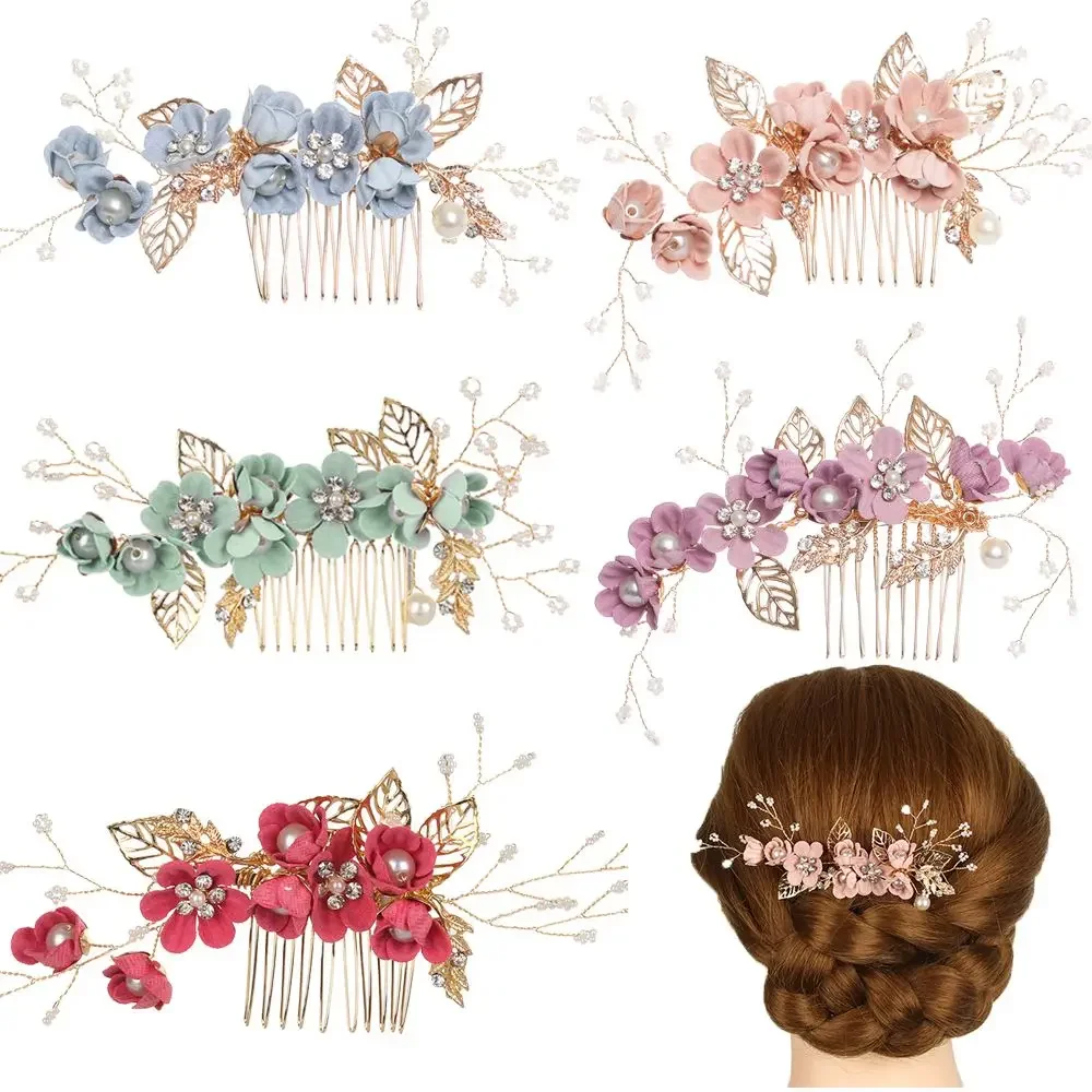 

Fashion Luxury Flower Hair Combs Headdress Prom Bridal Wedding Blue White Pink Hair Accessories Gold Leaves Hair Jewelry