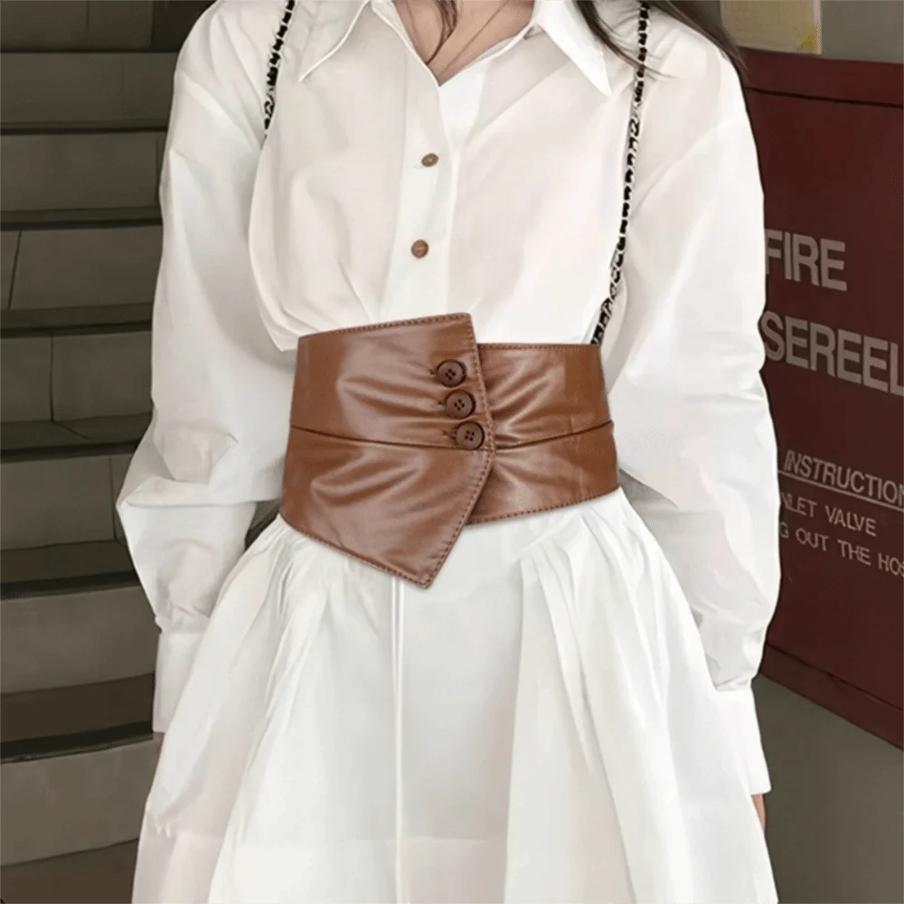 

Simple Cloth PU Leather Corset Button Spicy Girl Wide Belt Elastic Goth Western Cowboy Belt Dress