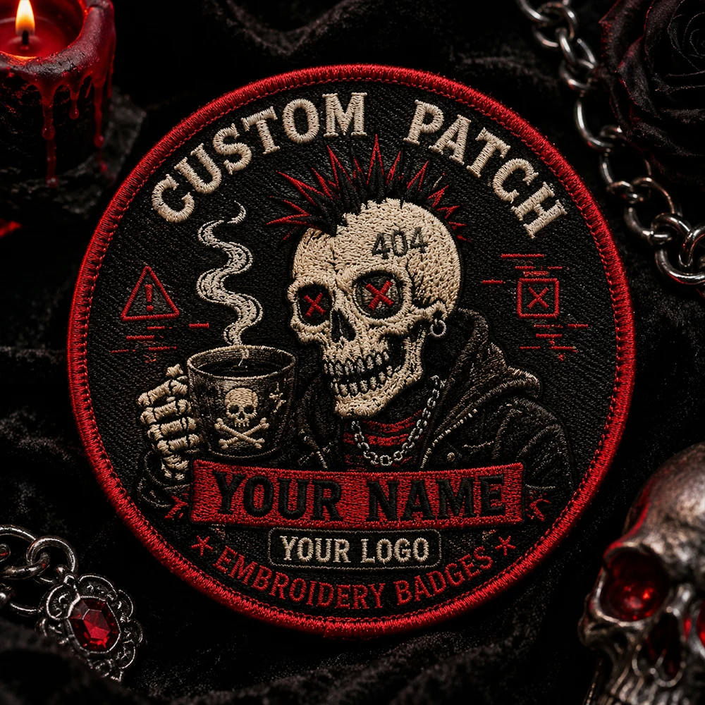 Custom Logo Punk Skull Embroidery Patch 404 Error Coffee Design Personalized Badge for Biker Jacket Backpack Hook & Loop Backing
