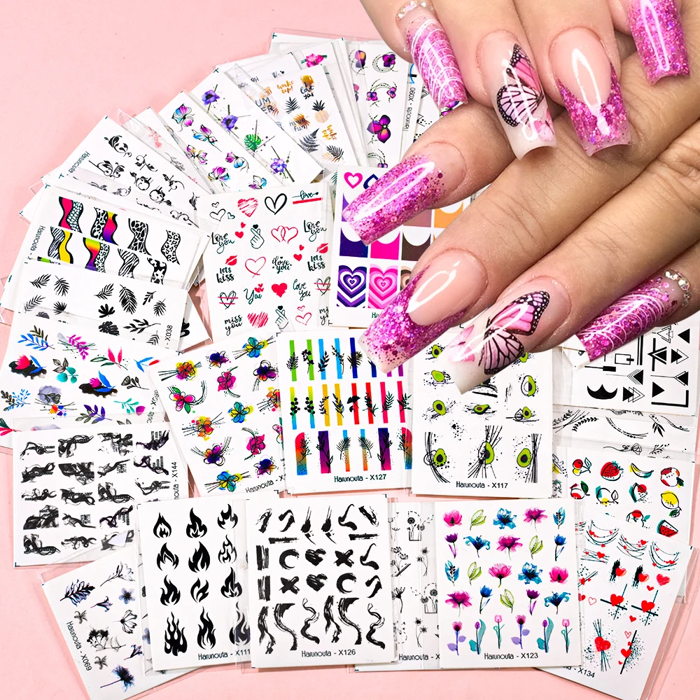 30pcs/set 3D Watercolor Decorative Pattern Nail Stickers Butterfly Fire Stripe Nail Decals Nail Valentine Holiday Slider Sticker