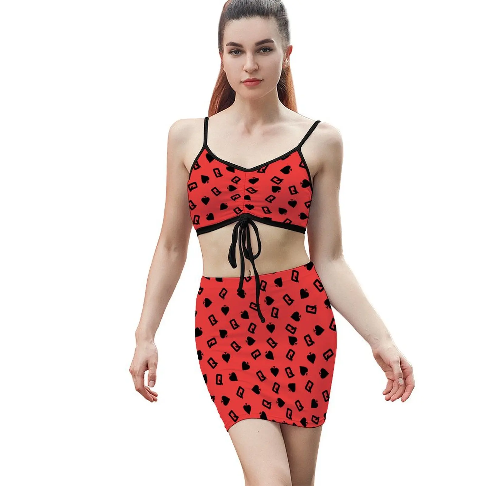 Summer Two Piece Outfits for Women Spades Q print Crop Tops High Waisted Bodycon Mini Skirt Sets