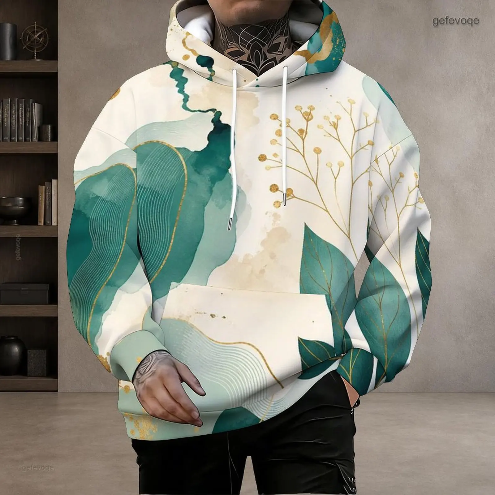 Men Abstract Pink Lavender Rose Gold Marble Print Long Sleeve Drawstring Hood Kangaroo Pocket Pullover Hoodie