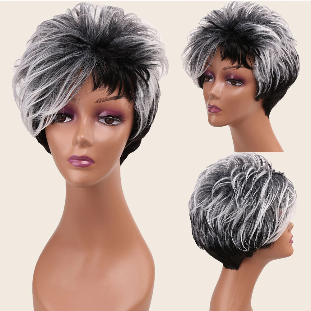 

Amir Short Gray Hair Wig Synthetic Straight Hair Wigs Grey Black Wig Bob Short Curly wigs for Women's Wigs Cosplay