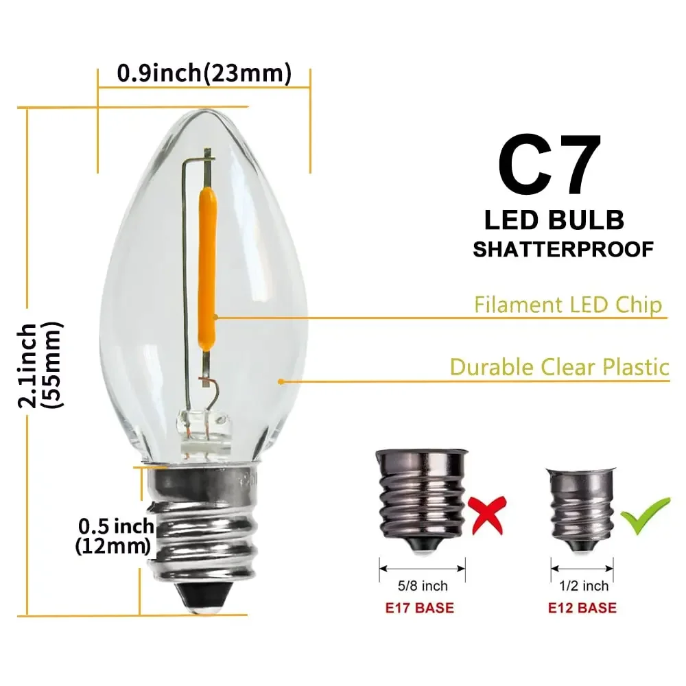 25PCS 220V E12 C7 LED Edison Bulb Warm White 2700K Night Light Replacement Bulbs for String Lights 05W