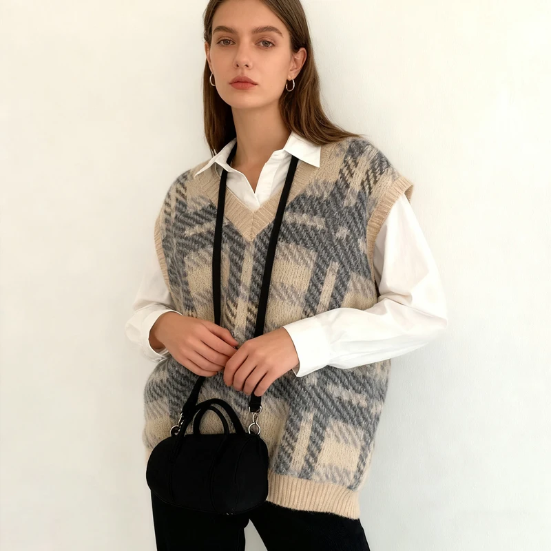 

Loose Plaid Pullover Sweater Vest Fashion Printed V-neck Women Sleeveless Simple Waistcoat Knit Autumn Casual Office Tank Top 18
