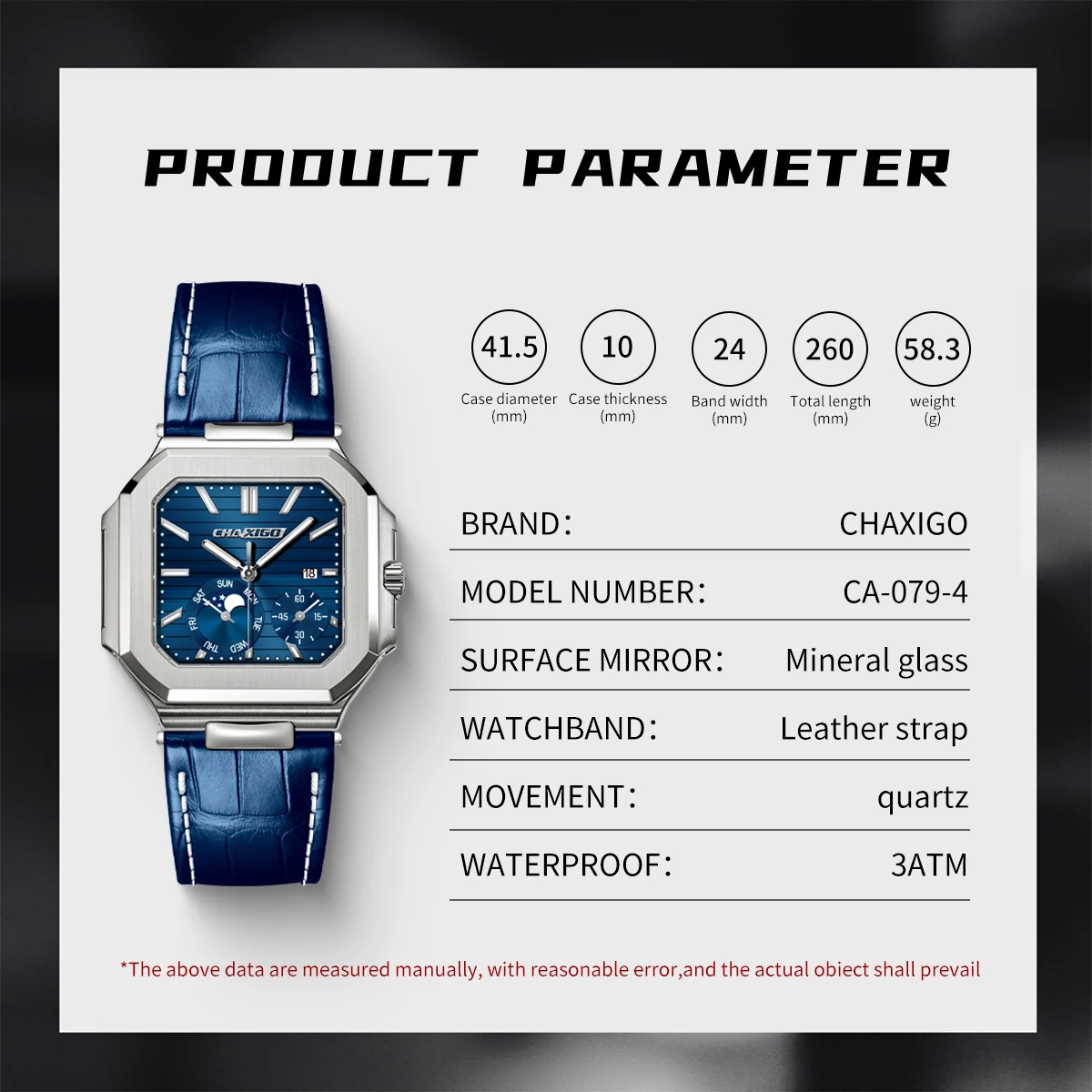 ساعة CHAXIGO للرجال فاخرة بمينا مربع وحزام جلدي 41.5 ملم 3ATM مقاومة للماء كوارتز للأعمال